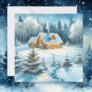 Carte Serene Log Cabine dans une forêt d'hiver