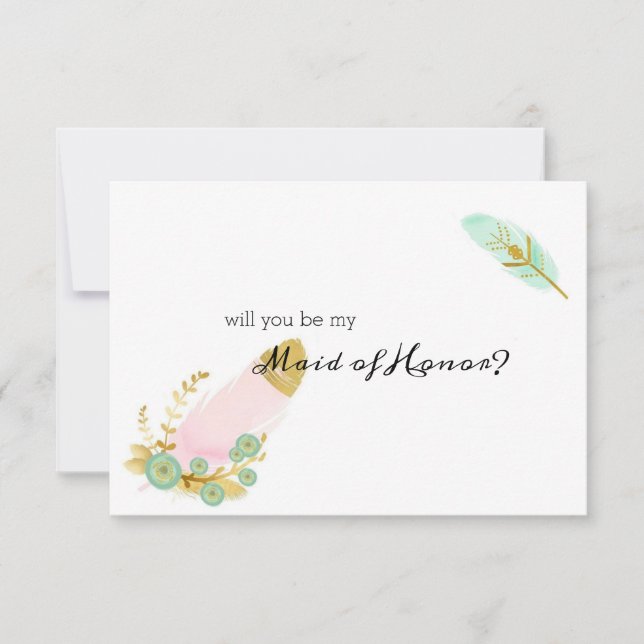 Carte Serez-vous ma femme d'honneur Boho Feathers rose (Devant)