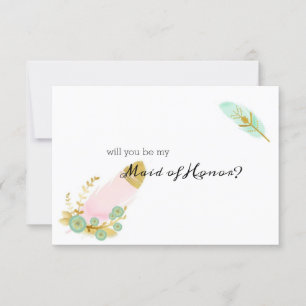 Carte Serez-vous ma femme d'honneur Boho Feathers rose