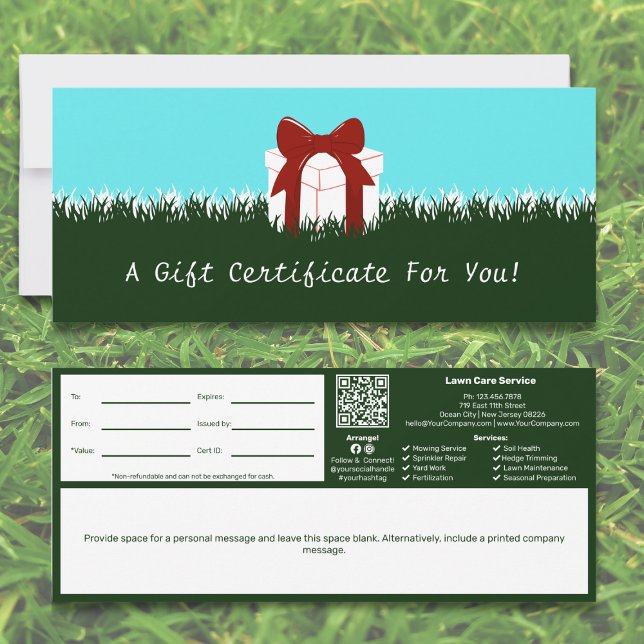 Carte Service de soins de pelouse Certificat cadeau de n (Lawn Care Service Personal Note Gift Certificate, Green & White)