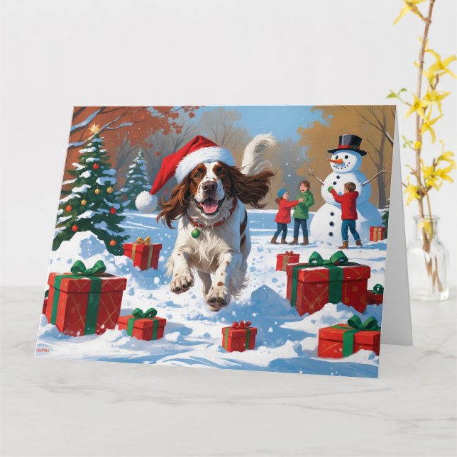 Carte Setter anglais coule dans la neige avec Casquette  (Fleur jaune)