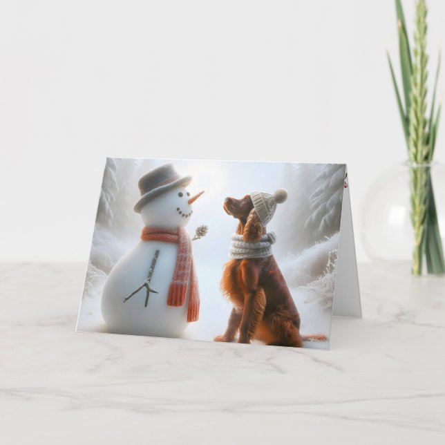 Carte Setter irlandais de Noël avec Snowman (Devant)