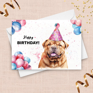 Carte Shar Pei Chien avec Ballons et Casquette de fête A