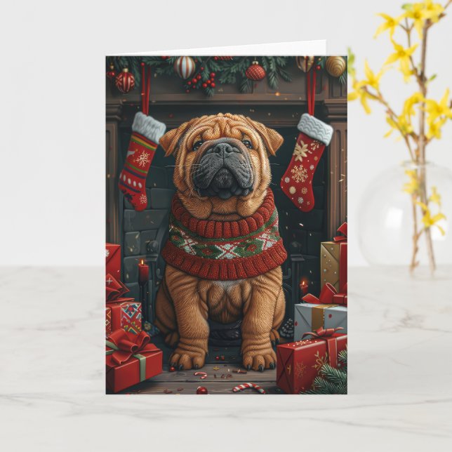 Carte Shar Pei Chien Avec Foyer Cadeaux De Noël (Fleur jaune)