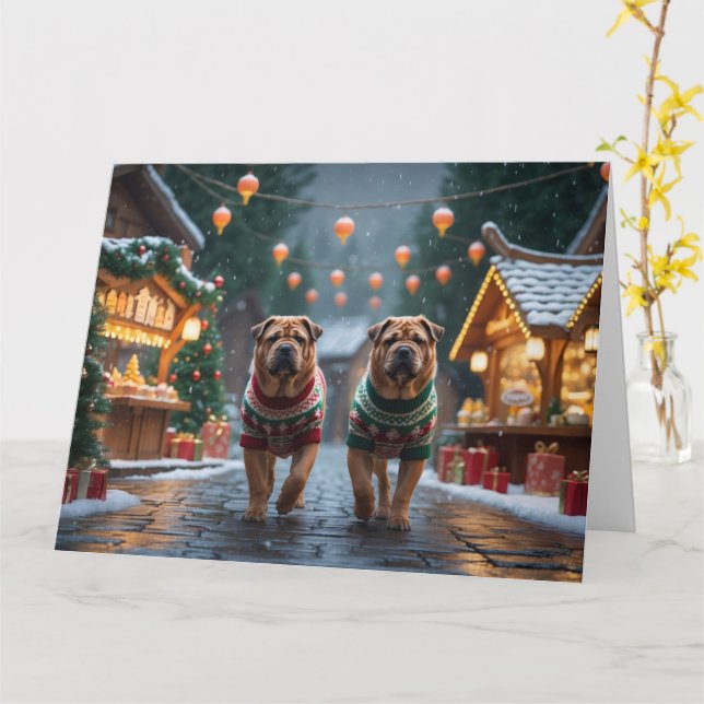 Carte Shar Pei Chiens Noël Fête de la neige (Fleur jaune)