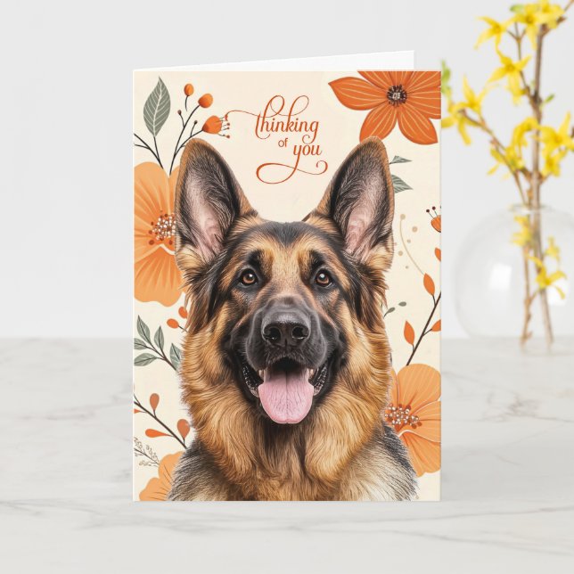 Carte Shepherd Dog Retro Orange Flowers Thinking of You (Fleur jaune)