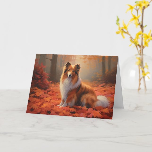 Carte Shetland Sheepdog en automne Feuilles automne Insp (Fleur jaune)