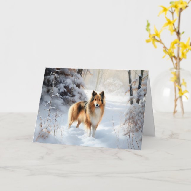 Carte Shetland Sheepdog Laisser neiger Noël (Fleur jaune)