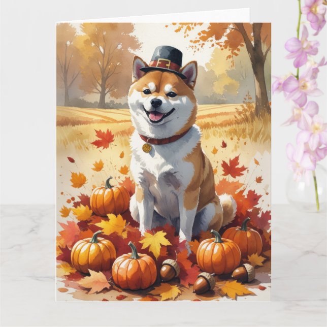 Carte Shiba Inu À L'Automne Laisse L'Art Thanksgiving (Orchidée)