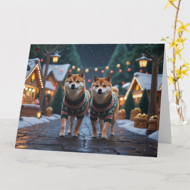 Carte Shiba Inu Chiens Noël Fête de la neige (Fleur jaune)
