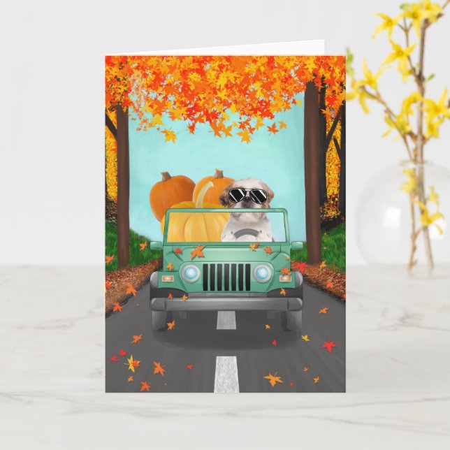 Carte Shih Tzu Chien Citrouille Automne (Fleur jaune)