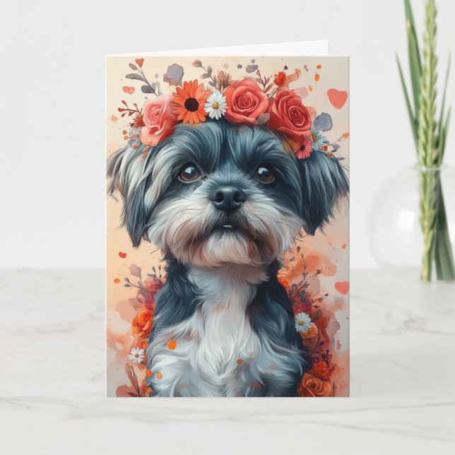 Carte Shih Tzu romantique dans une couronne en forme de  (Devant)
