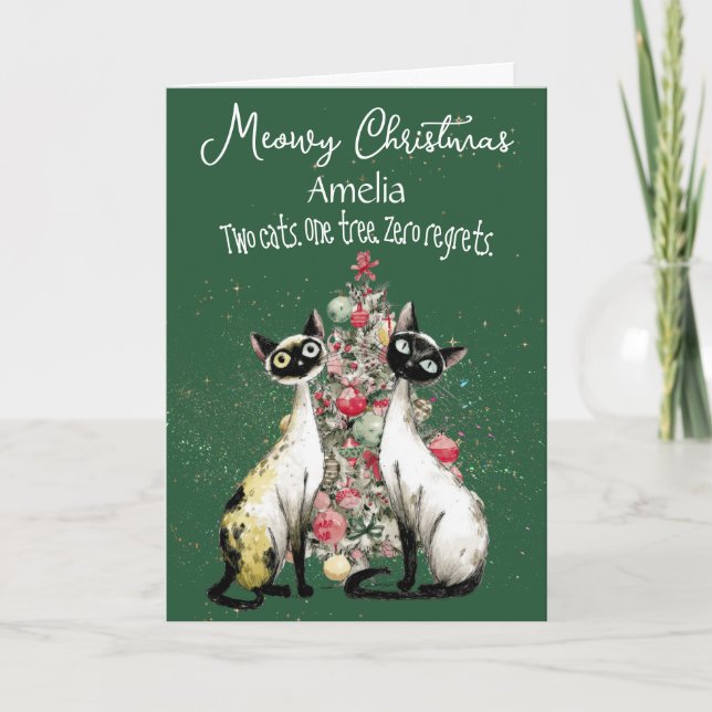 Carte Siamese Cats In Front Of A Tree Christmas Card (Devant)