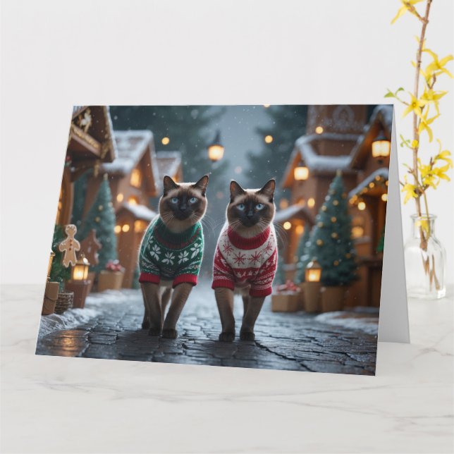 Carte Siamese Chats Noël Fête de la Neige (Fleur jaune)