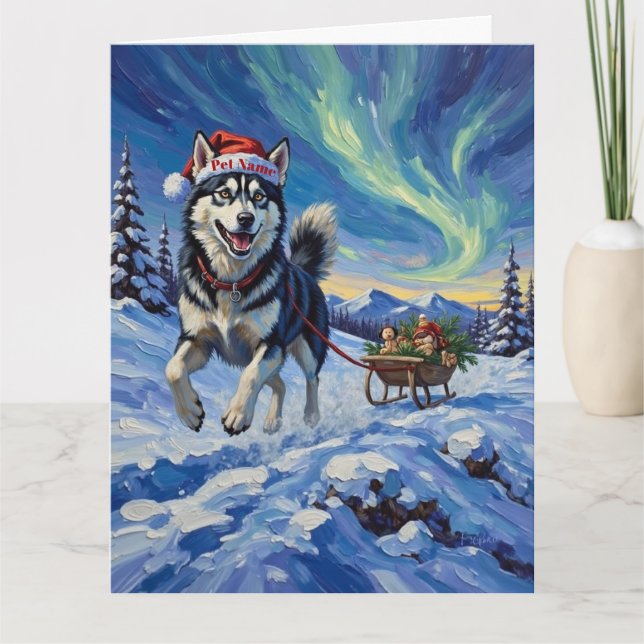 Carte Siberian Husky Arctic Sled Run Christmas Hat (Devant)