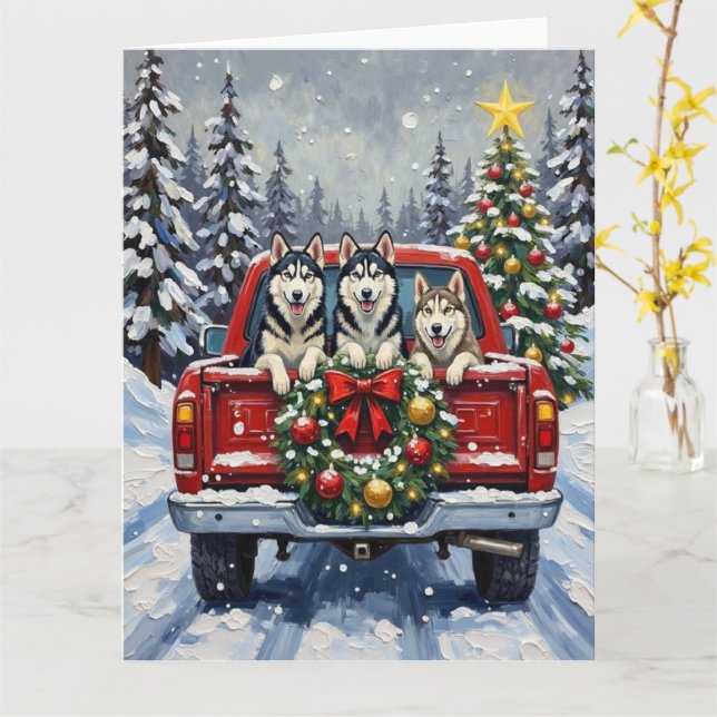 Carte Siberian Husky Christmas Red Truck Holiday (Fleur jaune)