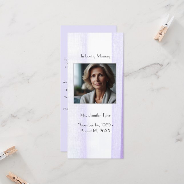 Carte Signet de prière commémorative violet funéra (Devant/Arrière en situation)