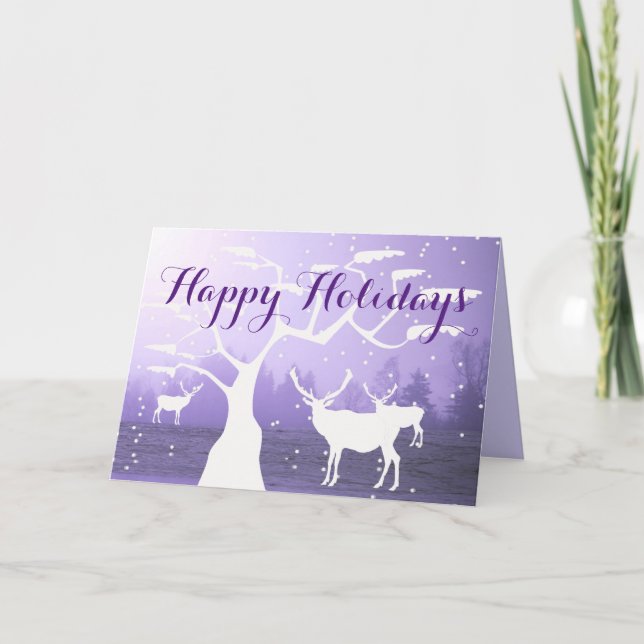 Carte Silhouette Arbre Blanc/Cerf Joyeux Vacances (Devant)