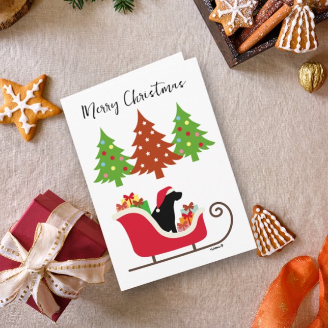 Carte Silhouette de Noël Black Labrador (Black Labrador Silhouette Christmas Sleigh Card for Black Labrador Owners.  Festive design.)