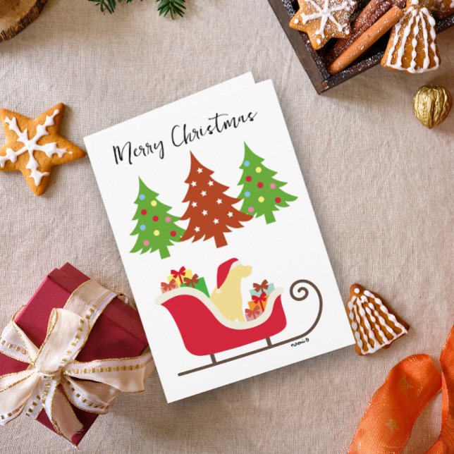 Carte Silhouette de Noël du Labrador jaune (Yellow Labrador Silhouette Christmas Sleigh Card for Yellow Labrador Owners.  Festive design.)