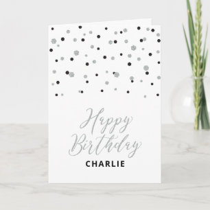 Carte Silver & Black Happy Birthday Custom Nom Greeting