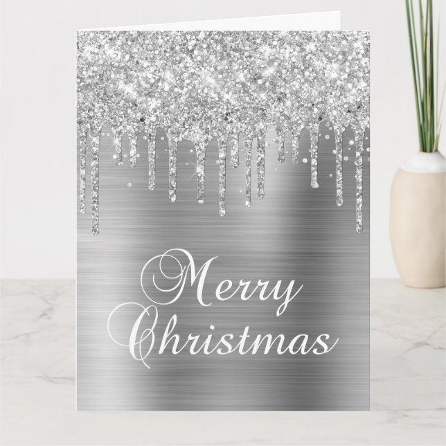 Carte Silver Glitter Drips Metallic Merry Christmas (Devant)