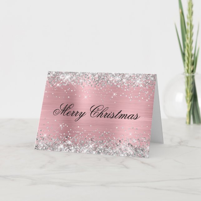 Carte Silver Glitter Metallic Pink Family Photo (Devant)