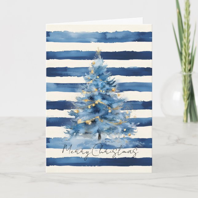 Carte Silver Gold Blue Stripes Christmas Tree   (Devant)