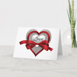 Carte Silver Heart Red Ribbon Love Valentine's Day Card