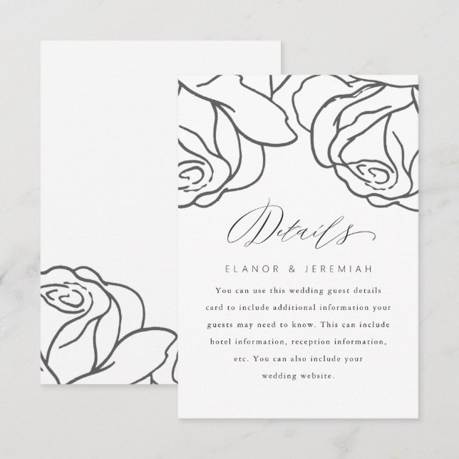 Carte Simple Black Floral Mariage Détails de l'invité (Devant / Derrière)