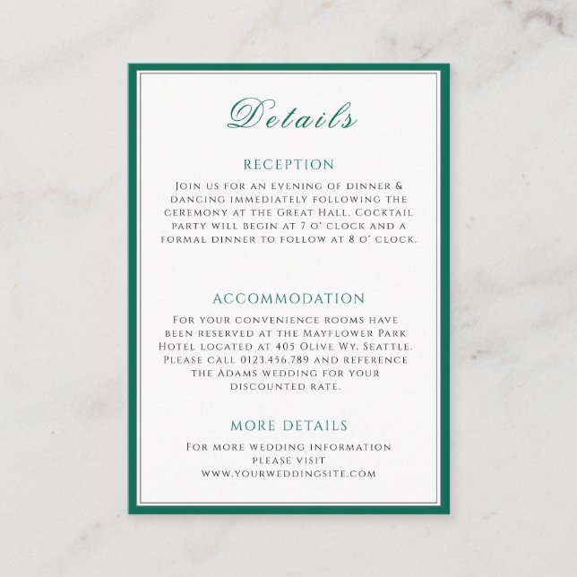 Carte simple Emerald Green Mariage Info (Devant)