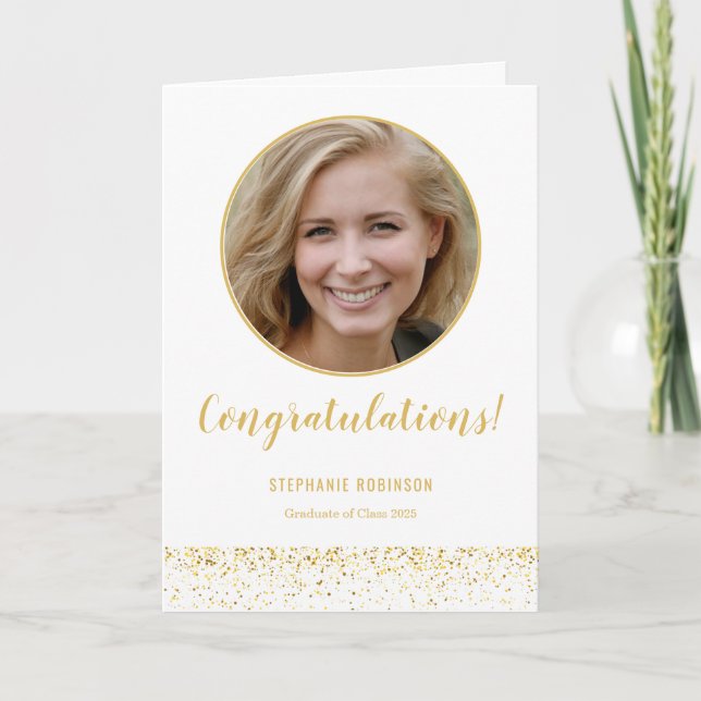 Carte Simple Gold White Confetti Photo Graduation (Devant)