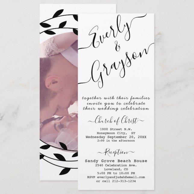 Carte Simple moderne Boho Black Leaf Mariage de couronne (Devant / Derrière)