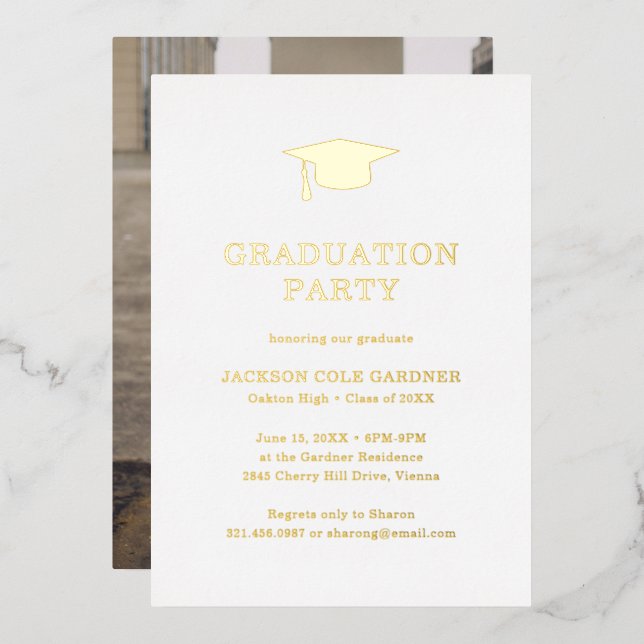Carte simple Mortier Photo Graduation Party Gold (Recto/Verso)