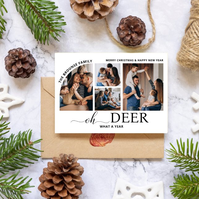 Carte Simple Oh Deer What a Year Photo Collage Noël (oh deer what a year christmas cards photo collage modern reindeer humor)