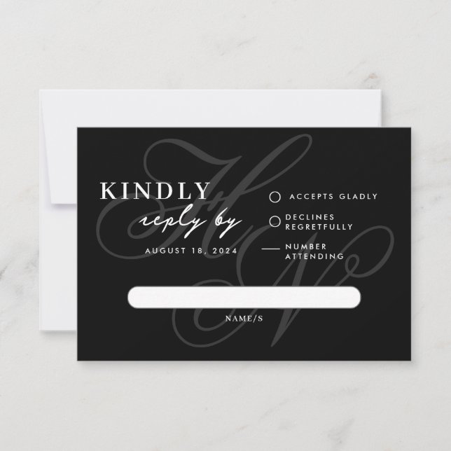 Carte simple RSVP Noir Monogramme moderne (Devant)