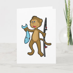 Carte Singe à la pêche avec canne à pêche et poisson