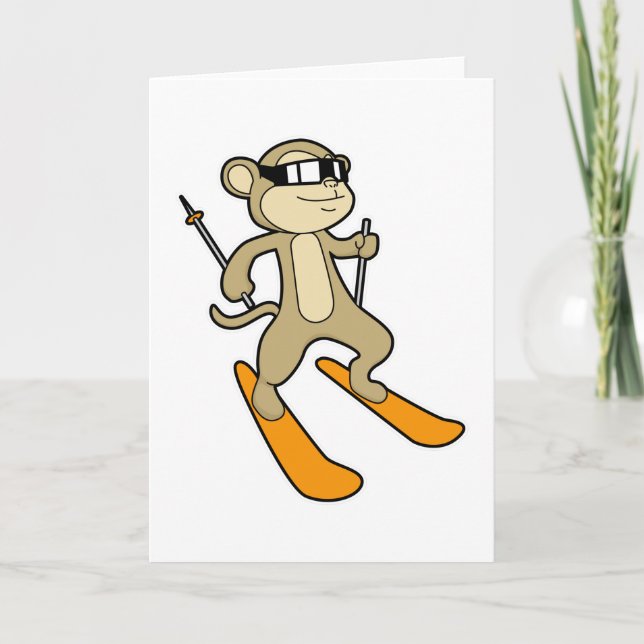 Carte Singe comme skieur avec ski (Devant)