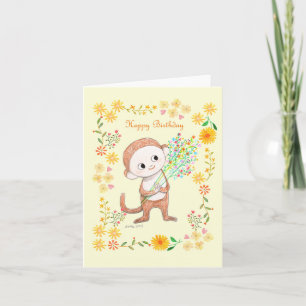 Carte Singe mignon avec des fleurs Adorable Joyeux Anniv