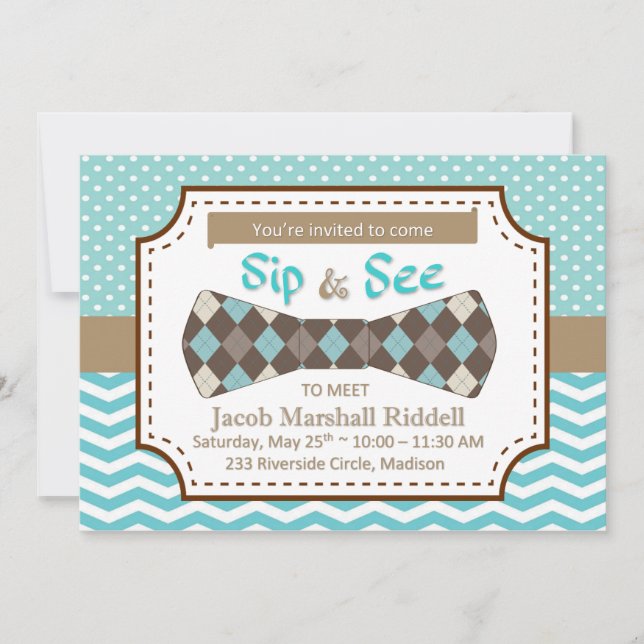 Carte Sip and See for Boy Baby with Bow Cravate (Devant)