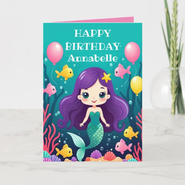 Carte Sirène à cheveux pourpre Anniversaire Personnalise (Devant)