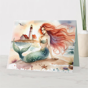 Carte Sirène à l'aquarelle au bord du phare