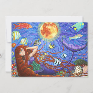 Carte Sirène à tête rouge en Corse avec lune et poisson