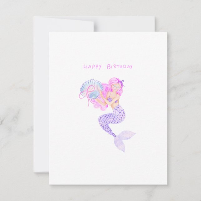 Carte Sirène d'anniversaire aux cheveux roses (Devant)