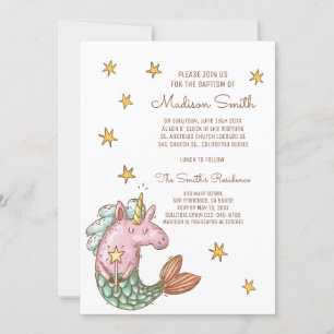 Carte Sirène Whimsical Unicorn Étoiles Baptême Invitatio