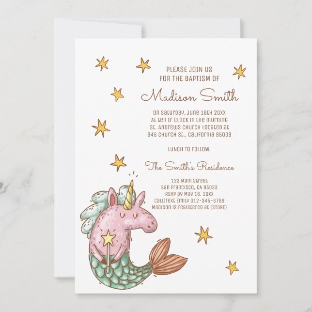 Carte Sirène Whimsical Unicorn Étoiles Baptême Invitatio (Devant)