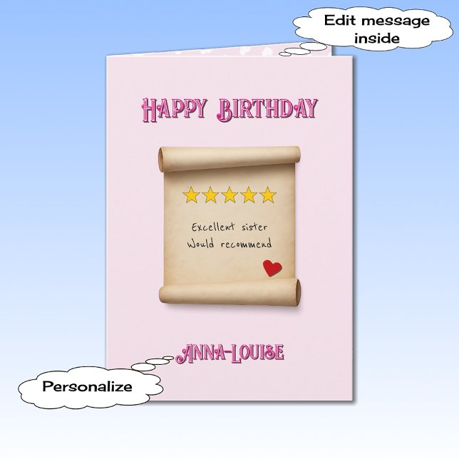 Carte Sister 5 star review pink birthday (Créateur téléchargé)