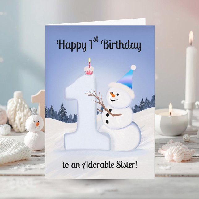 Carte Sister Happy 1st Birthday Snowman Building (Créateur téléchargé)
