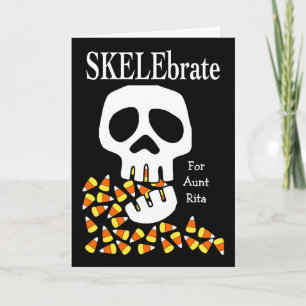 Carte SKELEbrate Halloween Crâne et Corne de bonbons pou