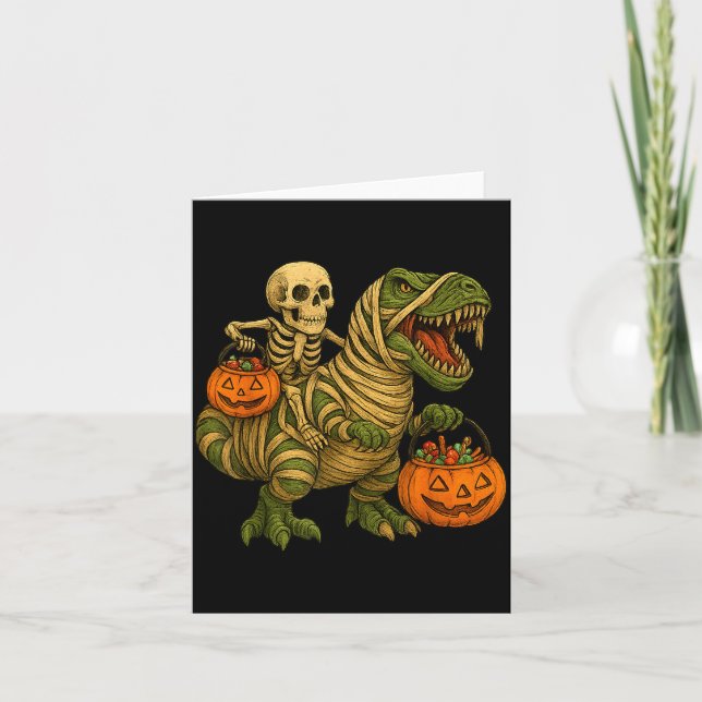 Carte Skeleton Riding Mummy Dinosaur T Rex Halloween Fun (Devant)